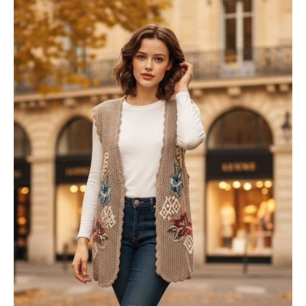 Women's Vintage Crochet Embroidered Vest M Beige Multicolor Retro Boho Festival